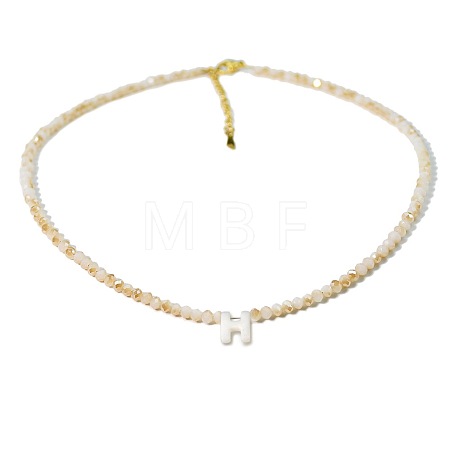Natural White Shell Letter Faceted Glass Beaded Necklaces with 304 Stainless Steel End Chains SS7282-7-1