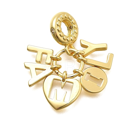 Brass Clear Cubic Zirconia Word FAMILY Heart European Dangle Charms KK-C087-14G-1