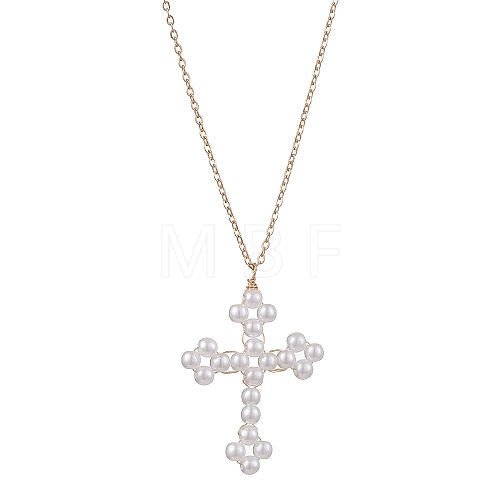 Cross Fleury Acrylic Imitation Pearl Pendant Necklaces NJEW-JN04985-1