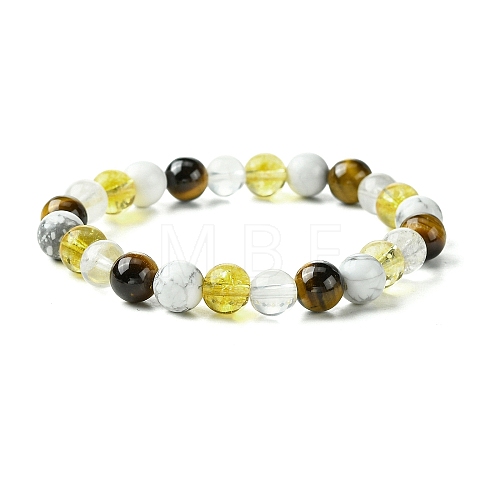 Natural Howlite & Synthetic Citrine & Natural Tiger Eye & Natural Quartz Crystal Round Beaded Stretch Bracelets BJEW-JB10910-09-1