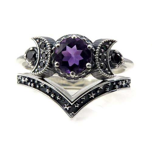 Gothic Purple Crystal Ring with Triple Moon Goddess - Black Diamond Jewelry for Women ST8475010-1