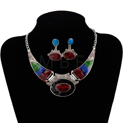 Oval Alloy Enamel Pendant Necklaces & Stud Dangle Earrings Sets FS-WG2BB22-03-1