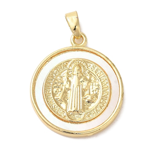 Rack Plating Brass Pave Shell Saint Benedict Medal Pendants KK-L220-026G-1