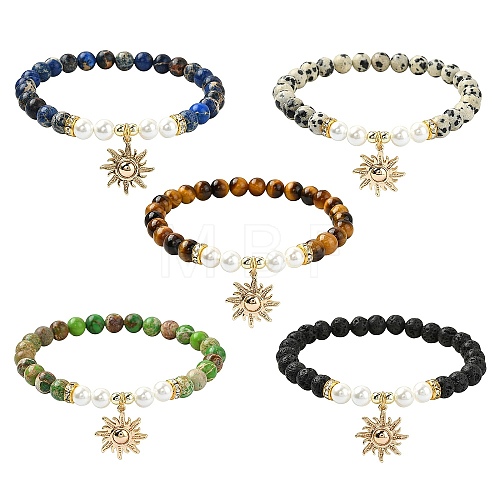 6mm Round Gemstone & Shell Pearl Beaded Stretch Bracelet Sets BJEW-JB10921-1