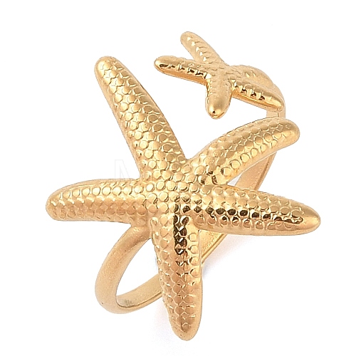 Ion Plating(IP) 304 Stainless Steel Starfish Open Cuff Rings for Women RJEW-Z057-09G-1