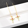 Cross with Flower Brass Clear Cubic Zirconia Ear Thread EJEW-H182-13G-2