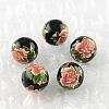 Rose Flower Pattern Printed Round Glass Beads GFB-R004-10mm-V03-1
