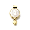 Brass Pave Natural White Shell Flat Round with Heart Pendants KK-C090-37G-05-1