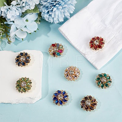 8Pcs 8 Colors Flower Brass & Glass Rhinestone Cufflinks FIND-CY0002-39-1