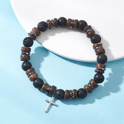 Adjustable Natural Coconut & Lava Rock Beads Stretch Bracelets BJEW-JB13285-01-1