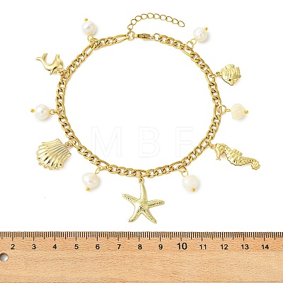 Ocean Natural Pearl & 304 Stainless Steel Starfish Sea Horse Shell Shape Charm Anklets for Women AJEW-AN00826-01-1