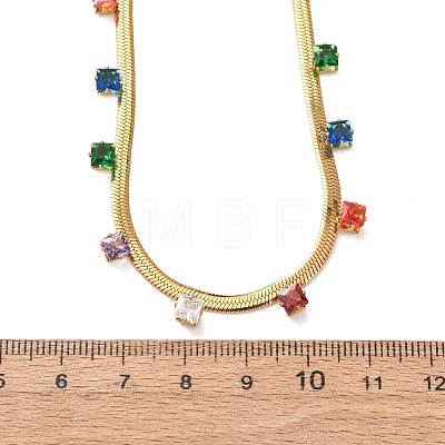 304 Stainless Steel Flat Snake Chain Necklaces with Square Cubic Zirconia NJEW-P355-02G-02-1