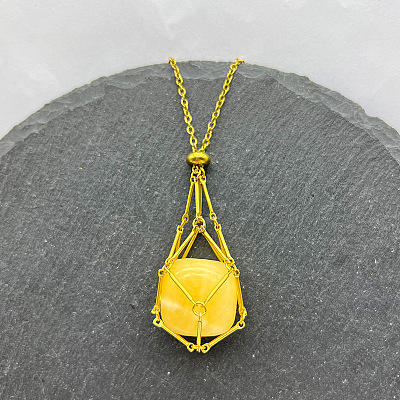 Natural Topaz Jade Nuggets Macrame Pouch Pendant 201 Stainless Steel Chain Necklaces FS-WG7A779-16-1