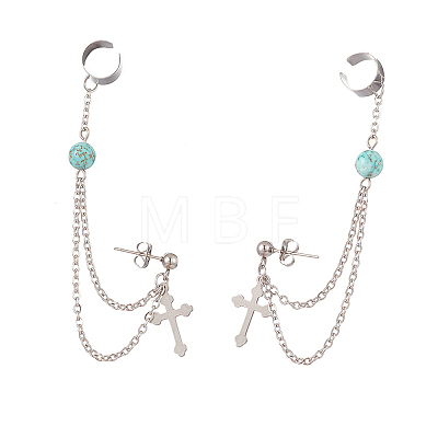 Synthetic Green Turquoise Beaded Hanging Chain Dangle Stud Earrings with Ear Cuff EJEW-TA00149-1