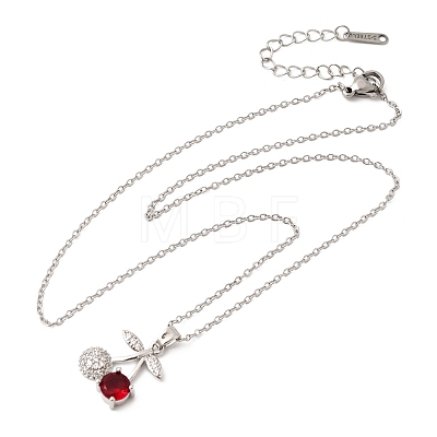 Brass Pave Clear and Red Cubic Zirconia Cherry Pendant 304 Stainless Steel Cable Chain Necklaces for Women NJEW-H092-05P-1