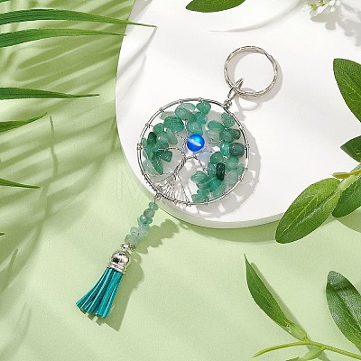 Tree of Life Alloy Natural Green Aventurine & Synthetic Moonstone Keychain KEYC-JKC00987-02-1