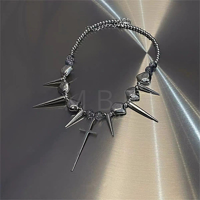 201 Stainless Steel with CCB Plastic Spiked Cross Pendant Choker Necklaces for Men FS-WG8A346-01-1