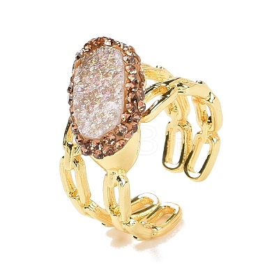 Natural Agate Druzy Oval Open Cuff Ring with Rhinestone RJEW-G257-03G-1