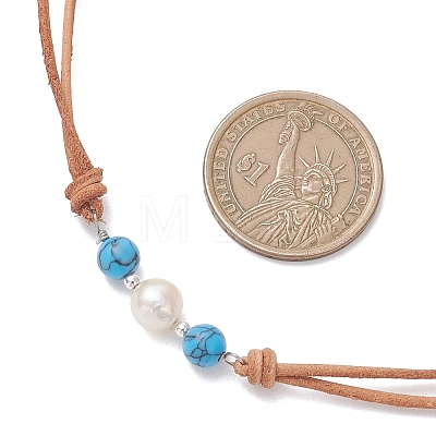 Synthetic Turquoise & Natural Pearl Round Beaded 2-Strand Cowhide Leather Cord Necklaces for Women NJEW-JN05828-1