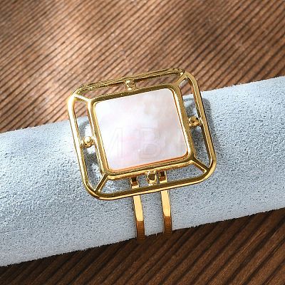 Square 304 Stainless Steel White Shell Cuff Rings for Women RJEW-G346-03G-02-1