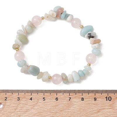 Round Natural Rose Quartz & Flower Amazonite Chips & Brass Beads Stretch Bracelets for Women BJEW-TA00715-1