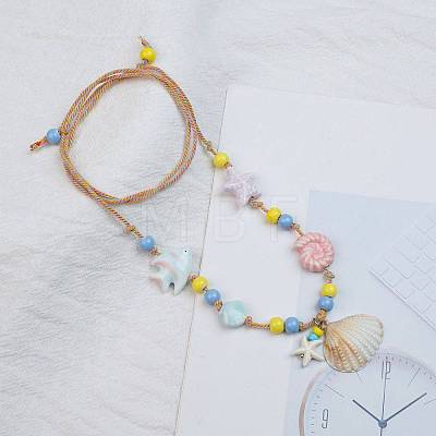 Ceramics Starfish Fish & Resin Shell Shape Pendant Adjustable Cotton Cord Necklaces for Women NJEW-Z100-01A-G-1