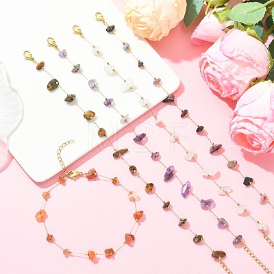 Natural Mixed Stone Chip Beads 316 Surgical Stainless Steel Handmade Link Chain Anklets for Women AJEW-AN00792-1