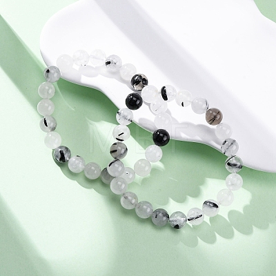Natural Tourmalinated Quartz Round Beaded Stretch Bracelets for Men Women BJEW-G743-01C-1