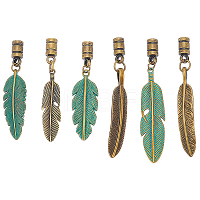 6Pcs 6 Colors Alloy Cord Ends with Feather Charms FIND-GF0009-05-1