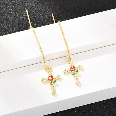 Cross with Flower Brass Clear Cubic Zirconia Ear Thread EJEW-H182-13G-1