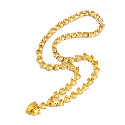 Brass Full Yellow Cubic Zirconia Heart Pendant Necklaces for Women NJEW-M079-01A-1