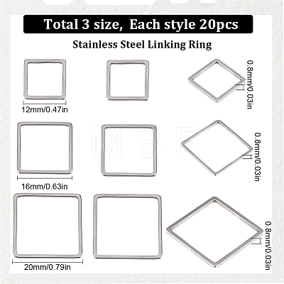 SUNNYCLUE 60Pcs 3 Sizes 201 Stainless Steel Linking Ring STAS-SC0007-46-1