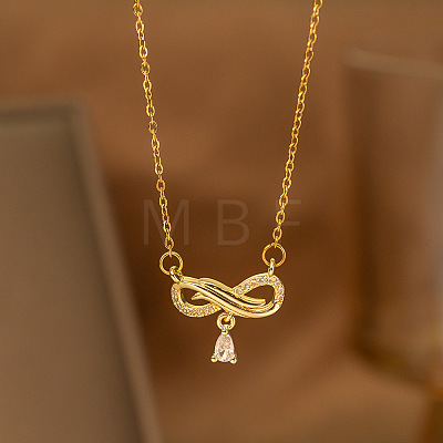 Brass Pave Clear Cubic Zirconia Infinity with Teardrop Tassel Pendant 304 Stainless Steel Cable Chain Necklaces for Women WG236C9-01-1