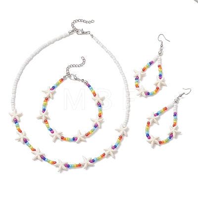 Starfish Synthetic Turquoise & Glass Beaded Bracelets & Earrings & Necklaces SJEW-JS01369-1