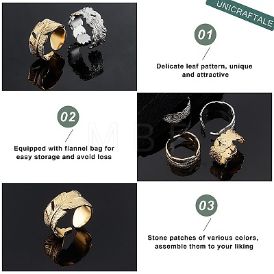 Unicraftale 4Pcs 4 Style Ion Plating(IP) 304 Stainless Steel Cuff Rings STAS-UN0032-84-1