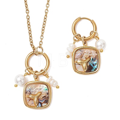 Abalone Shell Pendant Necklace & Hoop Earrings with Shell Pearl & Natural Freshwater Pearls SJEW-JS01379-02-1