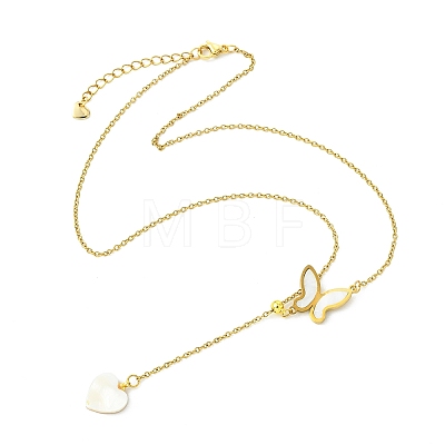 Adjustable 304 Stainless Steel & Natural Shell Butterfly Heart Pendant Cable Chain Lariat Necklaces for Women NJEW-JN06250-1