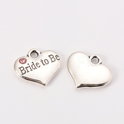 Wedding Theme Antique Silver Tone Tibetan Style Heart with Bride to Be Rhinestone Charms LS-TIBEP-N005-10B-1