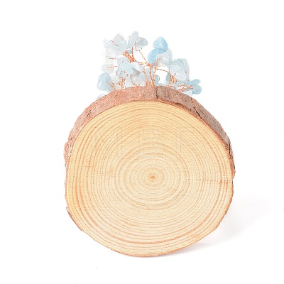 Natural Aquamarine Chips with Brass Wrapped Wire Money Tree on Wood Base Display Decorations DJEW-B007-05C-1