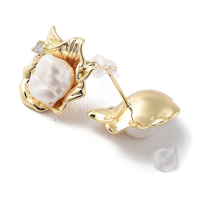 Flower Natural Pearl Stud Earrings with Brass Micro Pave Cubic Zirconia and 925 Sterling Silver Pins EJEW-P256-93G-1