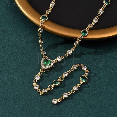 Brass Pave Cubic Zirconia Heart Pendant Y Tassel Necklaces for Women NJEW-A071-01G-05-1