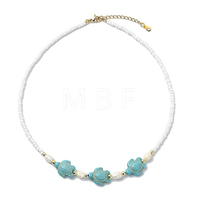 Ocean Sea Animals Synthetic Turquoise & Natural Cultured Freshwater Pearl & Glass Seed Beaded Necklaces for Women NJEW-JN06127-02-1