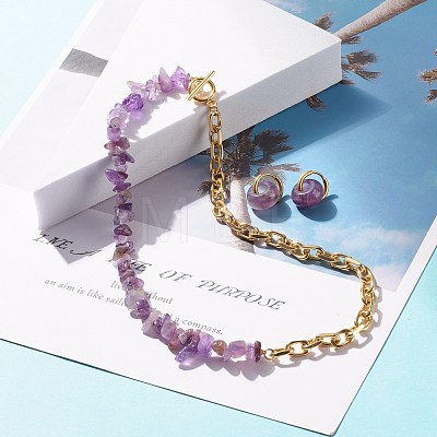 Natural Amethyst Chip Beads Jewelry Set SJEW-JS01223-01-1