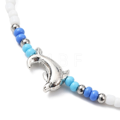 Tibetan Style Alloy Dolphin & Seed Beaded Stretch Anklet for Women AJEW-AN00558-1