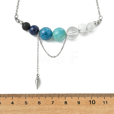 Natural Apatite & Lapis Lazuli & Lava Rock & Quartz Crystal Round Graduated Beaded Pendant 304 Stainless Steel Cable Chain Necklaces for Women NJEW-TA00242-02-1