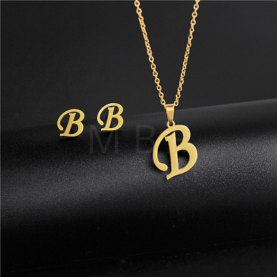 304 Stainless Steel Letter Pendant Necklaces & Stud Earrings Sets WG4BFDA-02-1