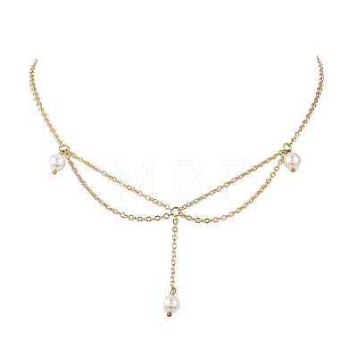 White Round Shell Pearl Pendant Brass Cable Chain Necklaces for Women NJEW-JN06349-1