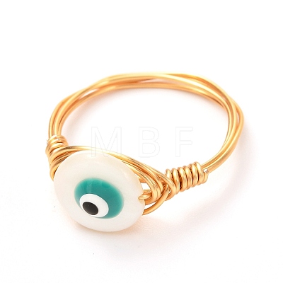 Flat Round Evil Eye Natural Shell Finger Rings for Girl Women RJEW-JR00394-03-1