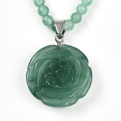 Natural Green Aventurine 4.5mm Round Beaded Flower Pendant Necklaces NJEW-T016-04F-1