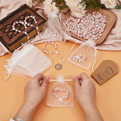 50Pcs Plastic Imitation Pearl and Porcelain Round Link Metal Virgin Cross Charm Rosary Bracelets BJEW-WA0001-07B-1